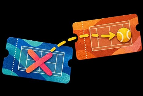 Um ingresso de reserva cancelado com um X e outro remarcado para outro horário.