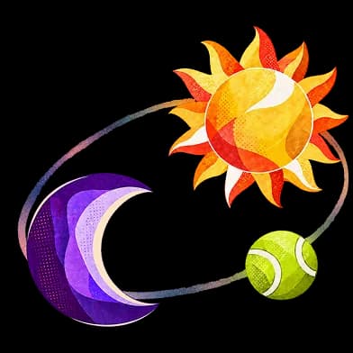 Sol e lua conectados por uma linha com uma bola de tênis, indicando reservas dia e noite.
