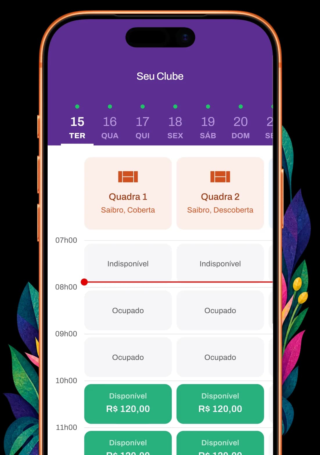 O app do Korta em um celular, mostrando a agenda de reservas de um clube.